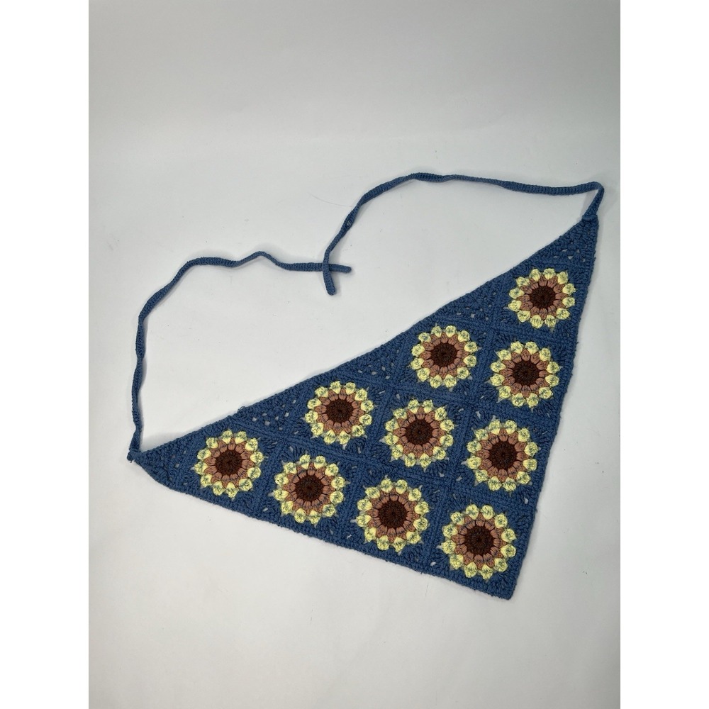 Sunflower Handkerchief Blue Yellow Crochet Summer Spring Hair Bandana 21x14 Inch
